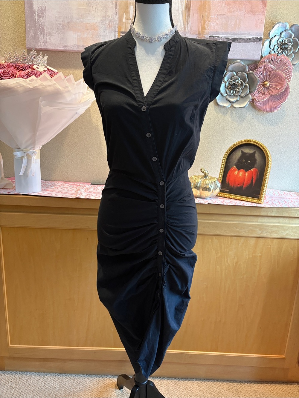 Veronica Beard Black Ruched Cotton-Blend Shirtdress Midi